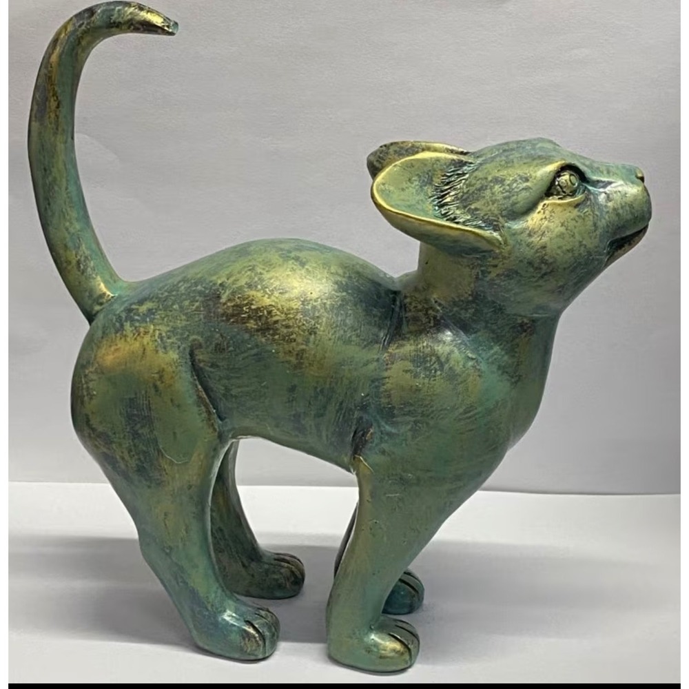 Cat Figurine Home Decor Small Green Gold Excellent Patina Resin New